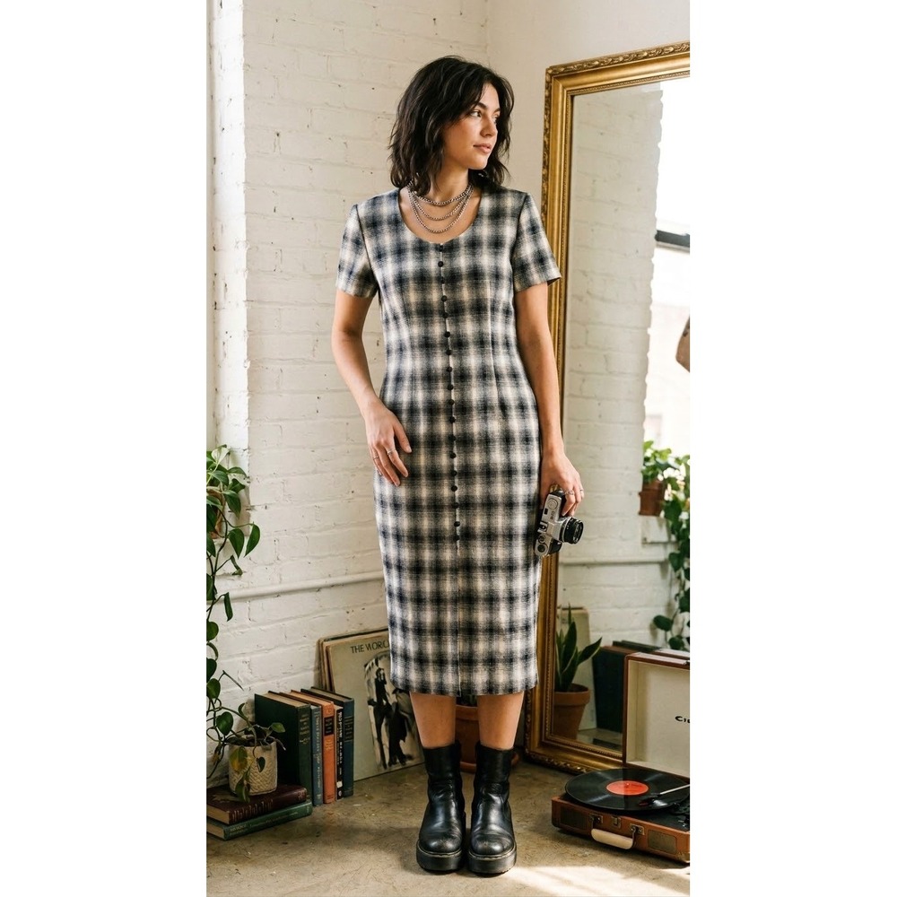 Vintage 90s DBY Plaid Midi Dress 7 Medium Black White Grunge Indie Dark Academia